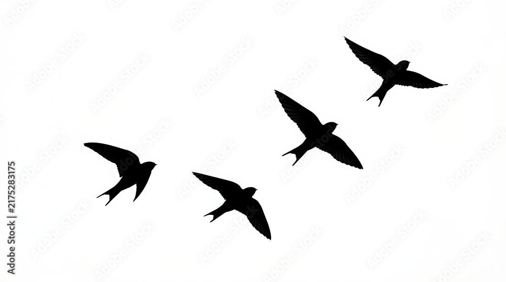 Obraz premium Four black birds flying in formation