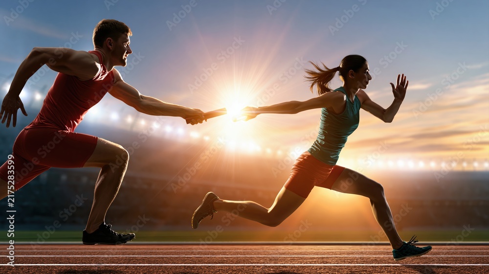 Naklejka premium Two athletes holding relay baton together at sunrise