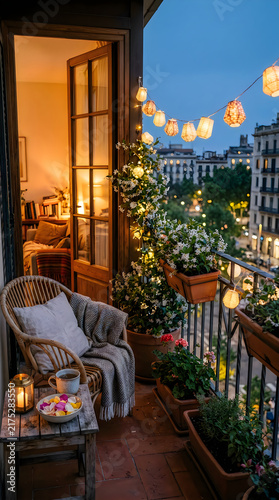 Cozy balcony garden at dusk with city view beyond