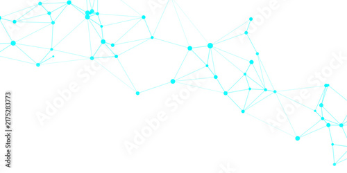 A network of glowing blue nodes connected by lines on a clean white background, illustrating the concept of data connection and technological advancement.