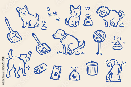 Whimsical hand drawn line art set featuring dogs, poop, waste bags, scoops, trash bin, no-pooping sign and walking accessories for pet care and responsible dog ownership.
