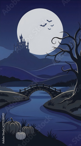 Spooky halloween landscape with castle and full moon at night