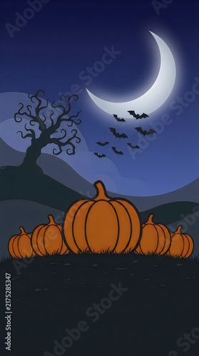Halloween pumpkins under a crescent moon and silhouetted bats