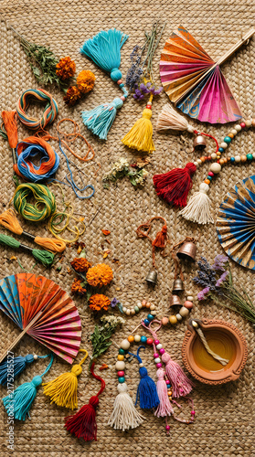 Colorful handmade crafts and decorations laid out on straw