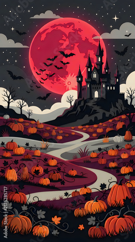 Spooky halloween landscape with castle and pumpkin patch
