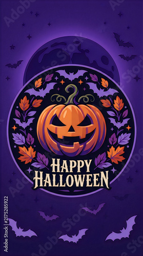 Jack o lantern halloween design with bats and full moon