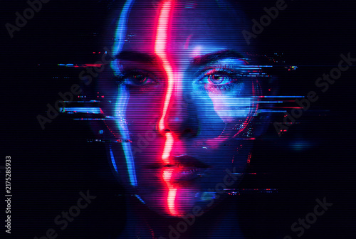 Futuristic female face with digital glitch effect, scan lines, and neon red and blue lighting for artificial intelligence concept