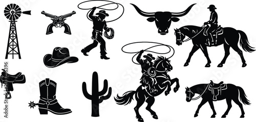 Western Cowboy Silhouette Vector Set, Windmill, Crossed Revolvers, Lasso Roping Cowboy, Texas Longhorn Bull, Horse Rider, Saddle, Boot With Spur, And Desert Cactus Clipart Collection