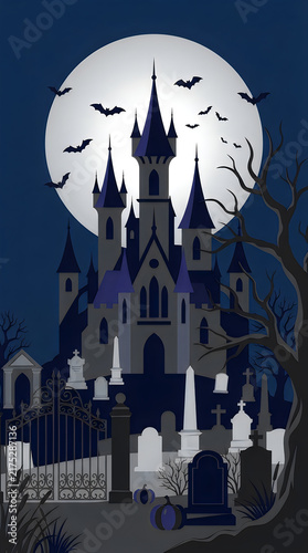 Spooky haunted castle silhouette against a full moon at night