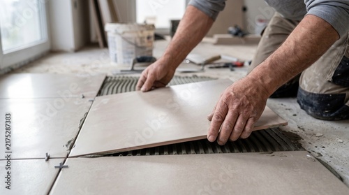 Close-up of a construction worker's hands carefully laying a new tile onto a floor with adhesive