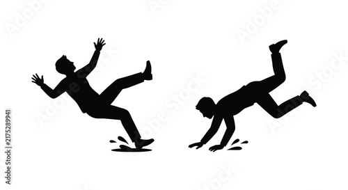Silhouette of a person slipping and falling on a wet surface against a white background