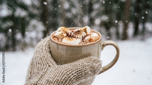 Hand in Knitted Mitten Holding Steaming Hot Cocoa with Marshmallows in Snowy Forest