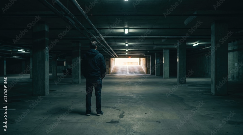Naklejka premium Man standing alone in empty underground parking garage viewed from behind