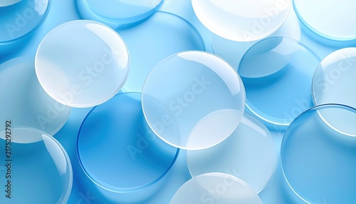 overlapping frosted acrylic round speech bubbles in light blue and white, translucent glass-like material, modern communication design