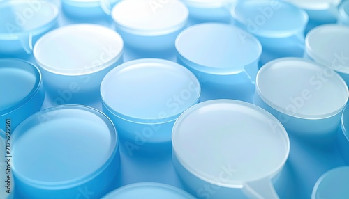 overlapping frosted acrylic round speech bubbles in light blue and white, translucent glass-like material, modern communication design