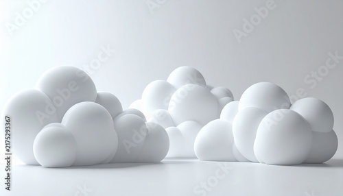 minimalist 3D white cloud thought bubbles with smooth matte texture, soft rounded forms, clean modern concept