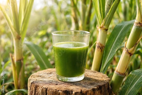 Fresh sugarcane juice in a glass on wooden stump amidst sugarcane field