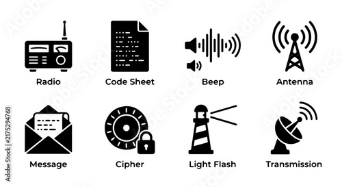 Foto Communication Icons Set: Radio, Code, Beep, Antenna, Message, Cipher, Lighthouse