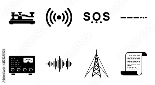 Bild auf Leinwand Communication Icons Set: Morse Code, Radio Waves, SOS Signals, Transmitter, Sign