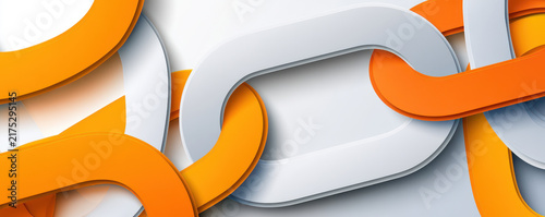 Abstract chain background orange white grey, linked connection, 3d paper cut style with layered shapes, modern geometric pattern for technology network concept and digital connection design