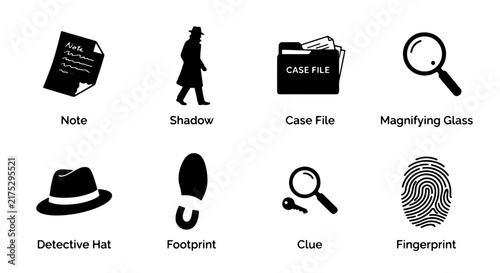 Detective Icons Set: Investigation Clues, Fingerprint, Magnifying Glass, Case File, Footprint, Shadow Man, Fedora Hat, Note Paper, Mystery Symbols