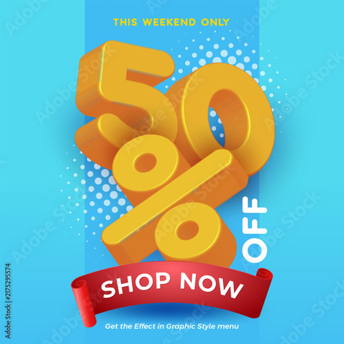 50 Percent Off Sale Banner Vector with Yellow 3D Number, Red Ribbon, and Light Blue Background