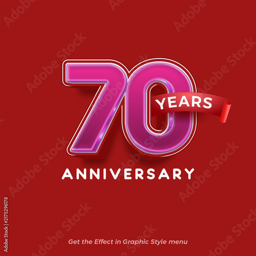 70 Years Anniversary Celebration Banner Vector with Pink 3D Number, Red Ribbon, and Dark Red Background