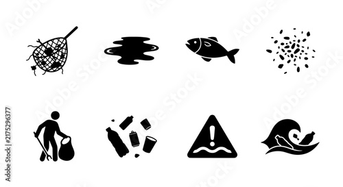 фотографія Environmental Pollution Icons, Ocean Waste & Cleanup Symbols, Marine Debris & Co