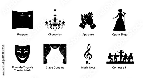 фотографія Theater and Performance Icons Set: Program, Chandeliers, Applause, Opera Singer,