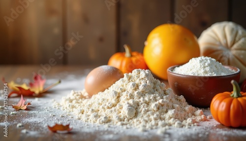 Pumpkin baking ingredients on rustic wooden table with mound of all-purpose flour, small heirloom pumpkins, whole egg, ceramic bowl, autumn leaves, cinnamon sticks and recipe card,