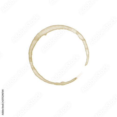 Coffee stain ring on white background, brown cup mark, isolated stain texture