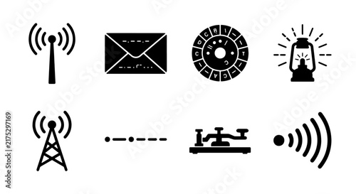 Foto Communication Icons Set: Radio Towers, Envelope, Rotary Dial, Lantern, Morse Cod