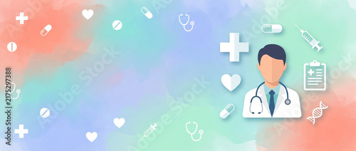 Watercolor background with white medical icons and a professional doctor illustration for International Day of Radiology celebrations. This layout represents comprehensive healthcare and diagnostics.