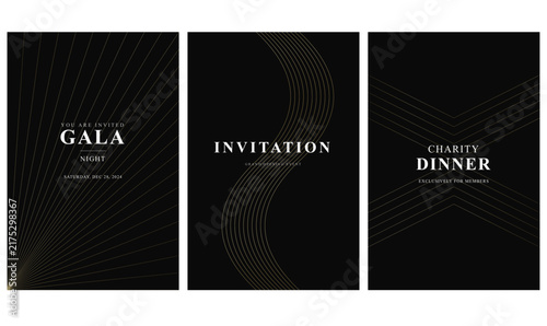 Gala Dinner Invitation Template Vector set with Dark Black Gold Ray Line Luxury Background Design
