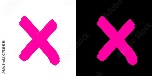 Magenta hand drawn cross brush mark symbol on transparent background is ideal for wrong sign or rejection design elements.