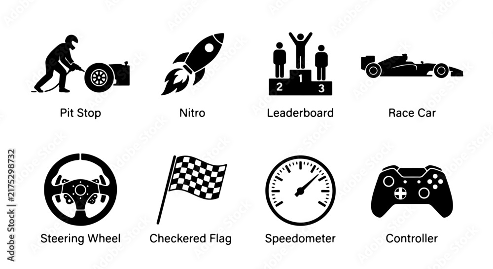 Naklejka premium Racing Icons Set: Pit Stop, Nitro Rocket, Leaderboard, Race Car, Steering Wheel, Checkered Flag, Speedometer, Controller, Vector Graphics for Speed and Competition