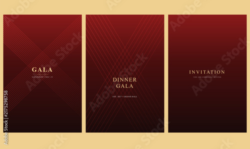 Gala Dinner Invitation Template Vector set with Luxury Dark Red Geometric Line Background Design
