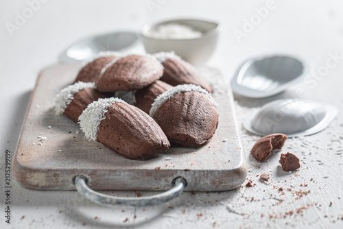 Tasty chocolate Madeleine cookies baked inside shell molds.