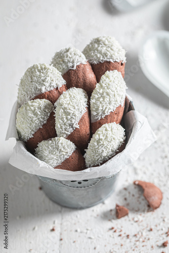 Tasty chocolate Madeleine cookies with cocoa, sugar, and butter.