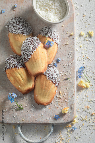 Tasty Madeleine cookies baked in traditional fluted molds.