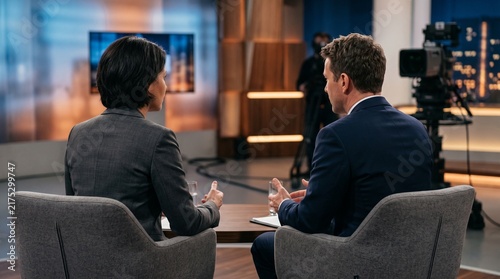Professional news anchors sitting in a television studio during a live broadcast interview.