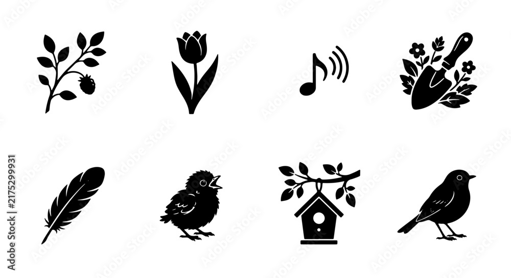 Fototapeta premium Spring Garden Icons Set, Birdhouse, Tulip, Feather, Music Note, Branch with Berries, Sprout, Chick, Trowel, Nature Elements, Black Silhouette Vector Graphics