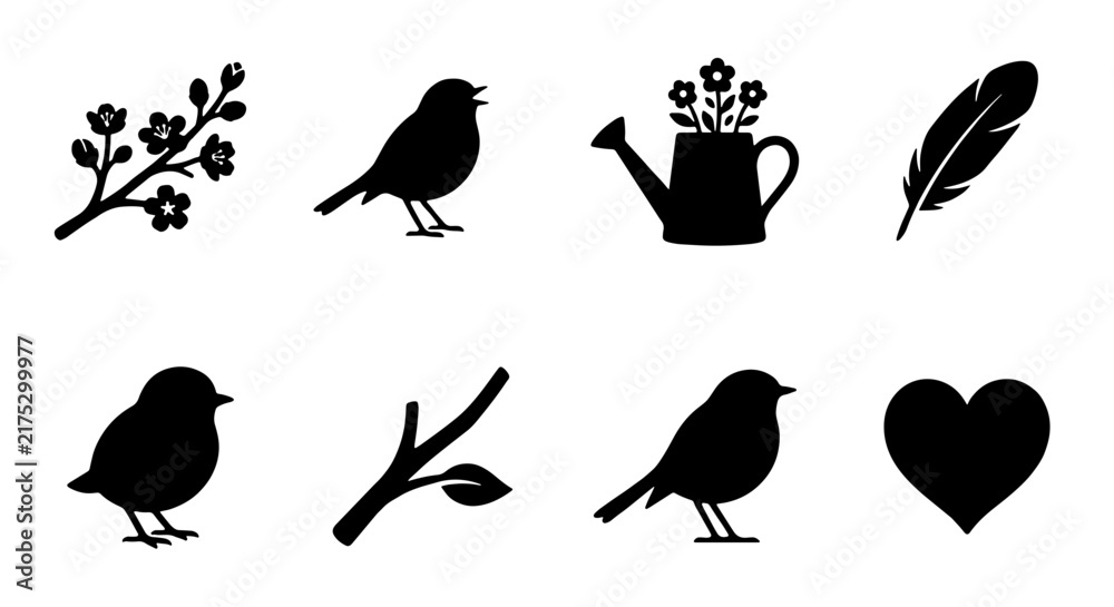 Fototapeta premium Charming Bird Silhouettes Collection, Spring Branch Icons, Watering Can and Feather Graphics, Heart Symbol Vector Set