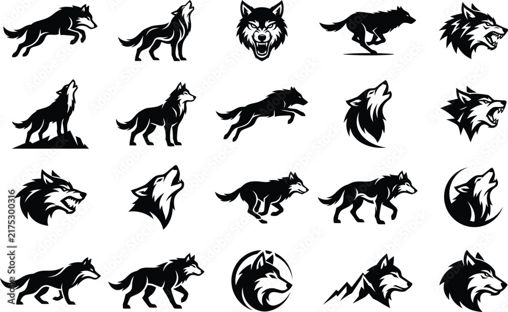 Obraz premium Set of black and white wolf vector silhouettes