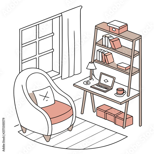 Cozy home study corner with armchair wooden ladder shelf laptop and decorative boxes study nook coffee cup living room reading area remote work interior design armchair workspace