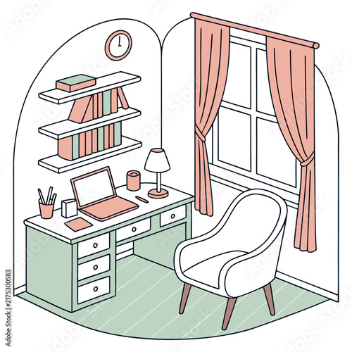 Cozy home office interior with desk laptop bookshelves armchair and window with curtains interior design study room pen holder remote work living space workspace bookshelves armchair