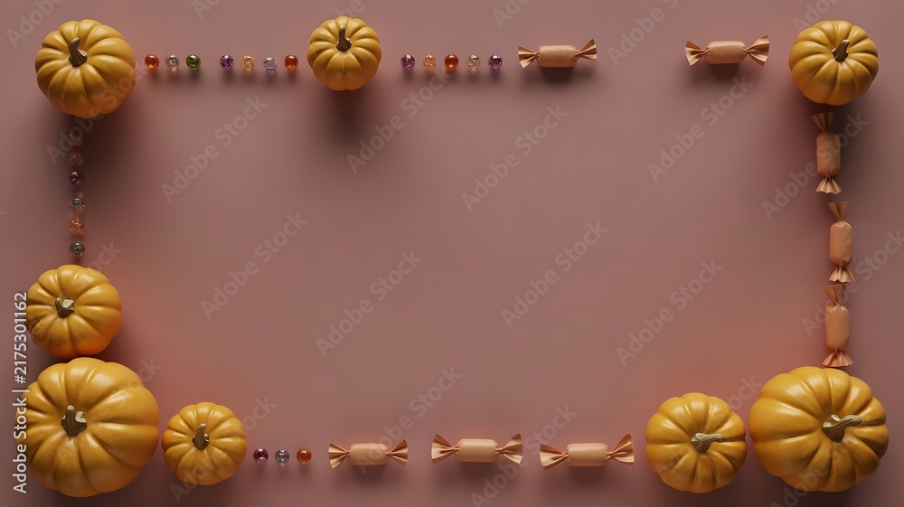 Fototapeta premium A festive halloween border made of small pumpkins and wrapped candies arranged on a simple solid brown background surface
