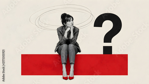 Obraz na płótnie Confused businesswoman sitting beside a large question mark, representing uncertainty, difficult decisions, problem solving, doubt and strategic thinking
