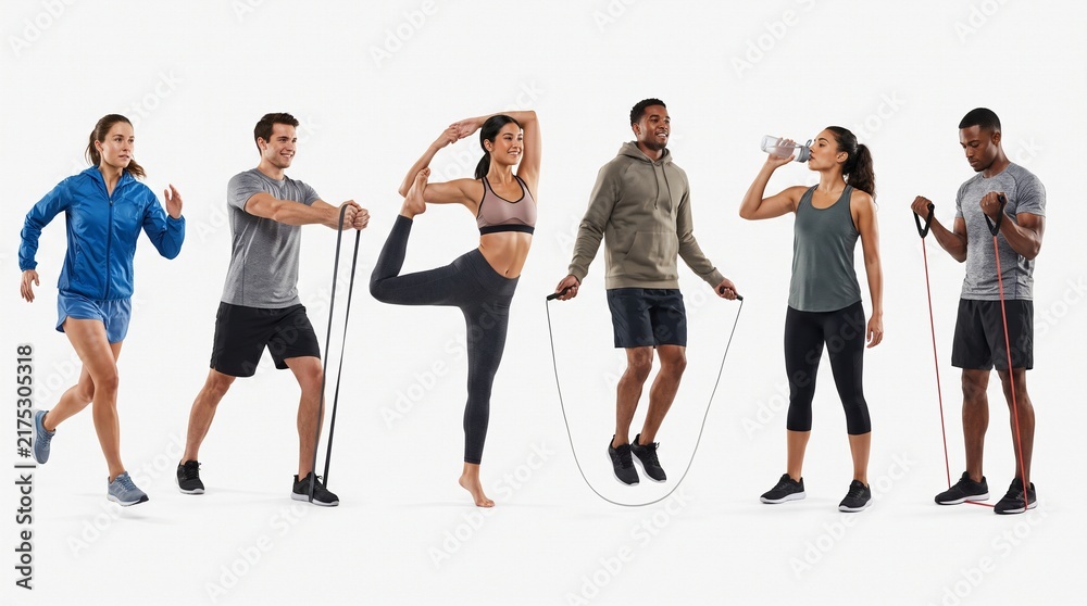 Obraz premium Diverse group of athletes practice various fitness exercises and stretching routines on a white background.
