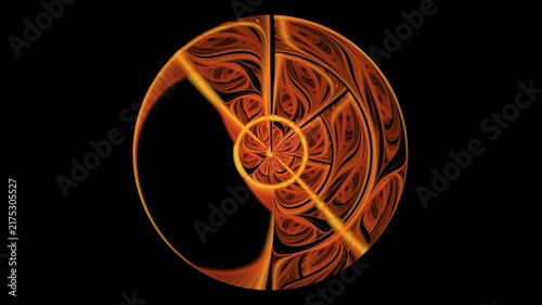 Abstract animation of an orange fractal sphere on a black background	
